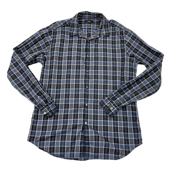 THEORY Plaid Button Down Long Sleeve Cotton Shirt Blue Men's size Large - Picture 1 of 5